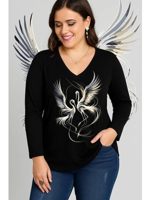 Curvy Trend Leylekler Baskılı V Yaka Uzun Kol Geniş Etekli Bluz