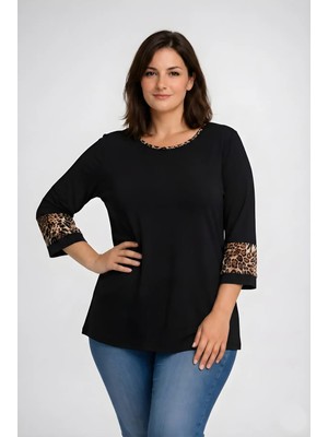 Curvy Trend Büyük Beden Biye ve Bilek Leopar Detaylı Truvakar Kol Bluz Siyah
