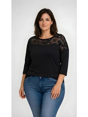Curvy Trend Büyük Beden Yuvarlak Yaka Roba Dantel Truvakar Kol Bluz Siyah