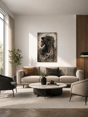 Zera Wall Mdf Tablo Siyah At Portresi, Gri ve Altın Detaylı Soyut Modern Salon ve Ofis Duvar Dekorasyonu