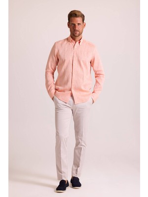 Ysf Erkek Turuncu Yaka Düğmeli Slim Fit Keten Gömlek