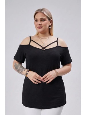 Curvy Trend Büyük Beden Çapraz Biye Askılı Bluz