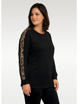 Curvy Trend Büyük Beden Kolüstü Leopar Şerit Uzun Kol Bluz Siyah