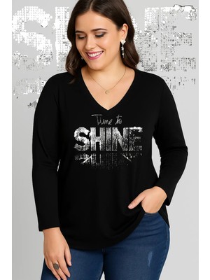 Curvy Trend Büyük Beden Shine Baskılı V Yaka Uzun Kol Geniş Etekli Bluz Siyah