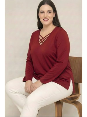 Curvy Trend V Yaka Çapraz 4 Bantlı Yan Yırtmaçlı Uzun Kol Likralı Viskon Kumaş Bluz (Triko Kazak Değildir)