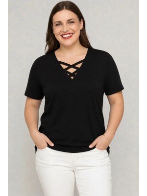 Curvy Trend Büyük Beden V Yaka Çapraz Bantlı Kısa Kol Bluz