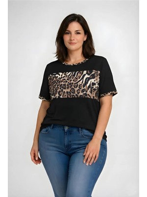 Curvy Trend Büyük Beden Göğüs ve Biye Leopar Desenli Kısa Kol Bluz Siyah