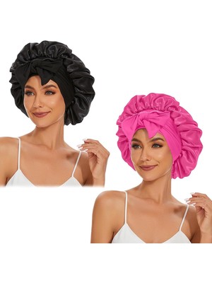 Mey İthalat Saten Ipek Bonnet Saç Bonesi Uyku Için Jumbo Uyku Kapağı, Kadınlar Için Siyah Bonnet Kıvırcık Saç, Kravat Bandı Duş Başlığı ile Çift Katmanlı Bonnet