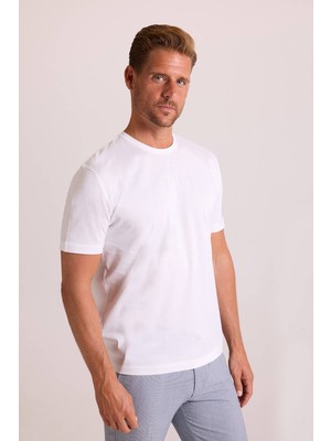 Ysf Erkek Beyaz Regular Fit Merserize Pamuk T-Shirt