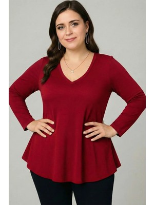 Curvy Trend Büyük Beden V Yaka Uzun Kol Geniş Etekli Viskon Bluz