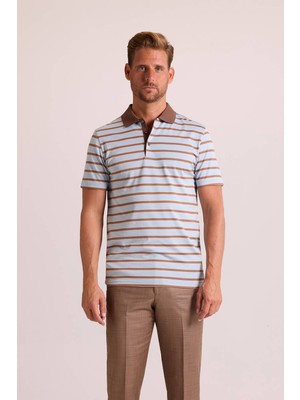 Ysf Erkek Kahverengi Lacivert Polo Yaka Çizgili T-Shirt