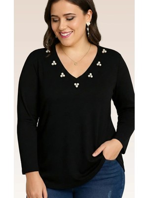 Curvy Trend Büyük Beden Yaka Çevresi 3'lü Inci Işlemeli V Yaka Uzun Kol Geniş Etekli Bluz Siyah