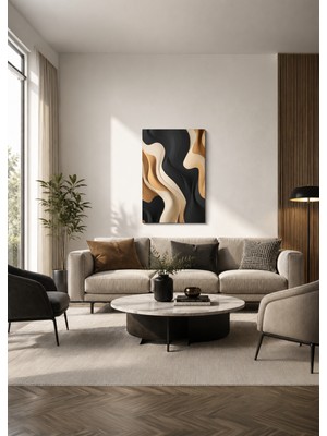 Zera Wall Mdf Tablo Siyah, Krem ve Gold Dalgalı Soyut Tasarım Modern Salon ve Ofis Duvar Dekorasyonu