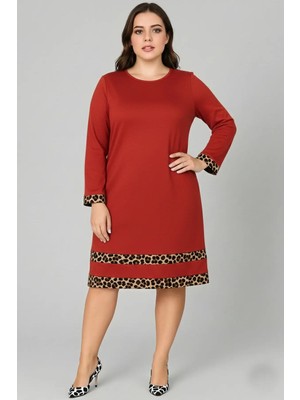 Curvy Trend Büyük Beden Kol Ucu ve Eteği Leopar Garnili Uzun Kol Viskon Elbise