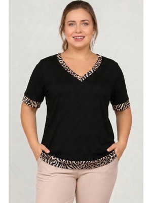 Curvy Trend Büyük Beden V Yaka Kolucu Etek Leopar Garnili Kısa Kol Bluz