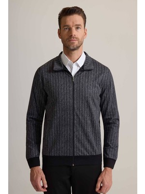 Ysf Erkek Gri Çizgili Fermuarlı Çizgi Desenli Sweatshirt