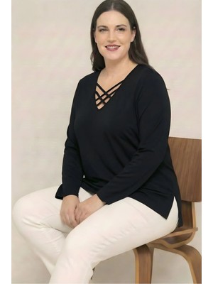 Curvy Trend V Yaka Çapraz 4 Bantlı Yan Yırtmaçlı Uzun Kol Likralı Viskon Kumaş Bluz (Triko Kazak Değildir)