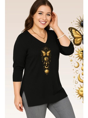 Curvy Trend Büyük Beden Sembol Baskılı V Yaka Uzun Kol Yan Yırtmaçlı Bluz Siyah