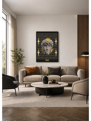 Mdf Tablo Antik Heykel Büstü, Altın Taç ve Geometrik Siyah Zemin Modern Salon Duvar Dekorasyonu
