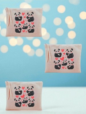 Mey İthalat Kalpli Panda Baskılı 3'lü Makyaj Çantası 20X25 cm - Seyahat Makyaj Çantası Bej, LH89327402352356234