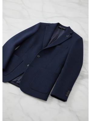 Lacivert Desenli Shirt Shoulder Slim Fit Yün Karışımlı Örme Ceket