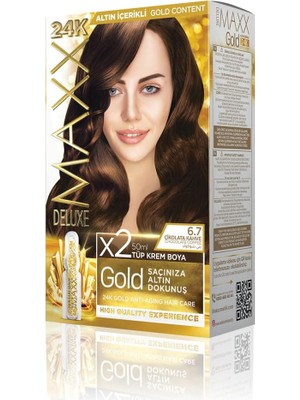 Mey İthalat Maxx Deluxe Gold Serisi 24K Altın Parçacıklı Serum ile 1 Kutu 2 x 50 ml ve Geliştiriciler Saç Boyası (Çikolata Kahve 6.7)