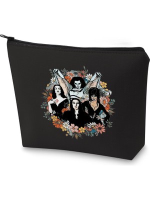 Mey İthalat Wzmpa Goth Queens Çiçekli Kozmetik Çantası Lily & Morticia & Vampira & Elvira Hayranları Hediye Ghoul Gang Makyaj Fermuarlı Kese Çanta Ürkütücü Sezon Mal