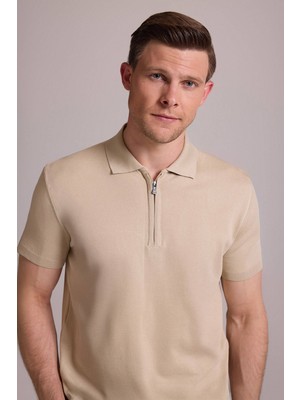 Ysf Erkek Bej Regular Fit Polo Yaka Fermuarlı Triko Tişört