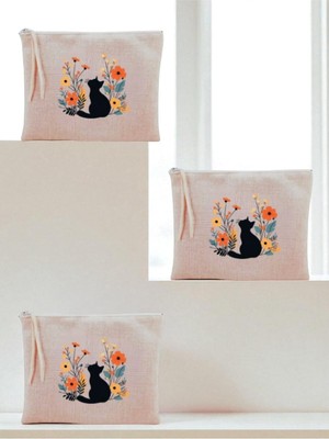 Mey İthalat Çiçek ve Kedi Teması Baskılı 3'lü Makyaj Çantası 20X25 Cm, LH9827409235231312