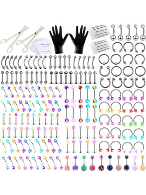 Mey İthalat 194 Parça Profesyonel Piercing Kiti, Paslanmaz Çelik Akrilik Piercing Takı, Kulak Dudağı, Göbek Deliği, Dil Tragus, Kıkırdak, Daith Vücut Piercing Aletleri Kiti, 14 G 16 G Piercing Iğneleri ile