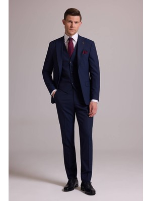 Ysf Erkek Lacivert Slim Fit Sivri Yaka Yelekli %100 Yün Takım Elbise