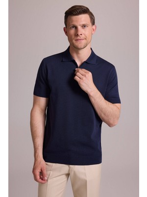 Ysf Erkek Lacivert Regular Fit Polo Yaka Fermuarlı Triko Tişört