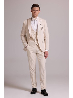 Ysf Erkek Krem Slim Fit Kırlangıç Yaka Yelekli Damatlık