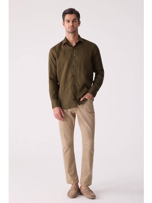 Ysf Erkek Haki Yeşil Slim Fit Klasik Yaka Keten Gömlek