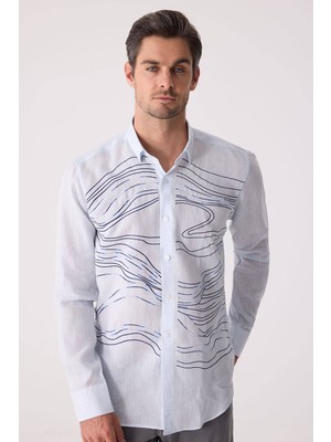 Ysf Erkek Buz Mavisi Gizli Yaka Düğmeli Keten Slim Fit Gömlek