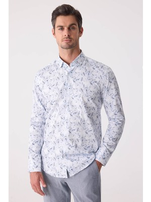 Ysf Erkek Buz Mavisi Gizli Yaka Düğmeli Slim Fit Keten Gömlek