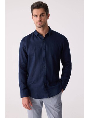 Ysf Erkek Lacivert Slim Fit Klasik Yaka Keten Gömlek