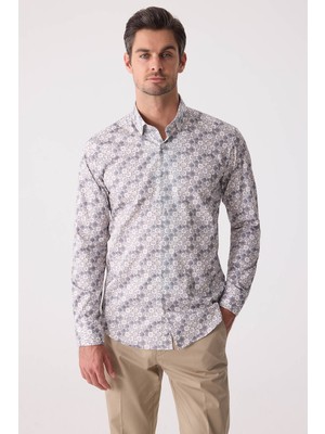 Ysf Erkek Bej Slim Fit Gizli Yaka Düğmeli Gömlek