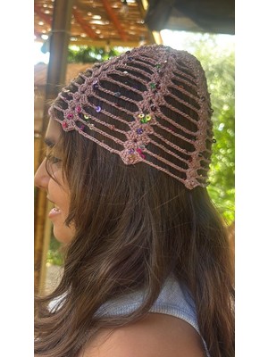 Mey İthalat Takke Model Saç Bandanası Pullu Pembe | Doğal Simli Ip