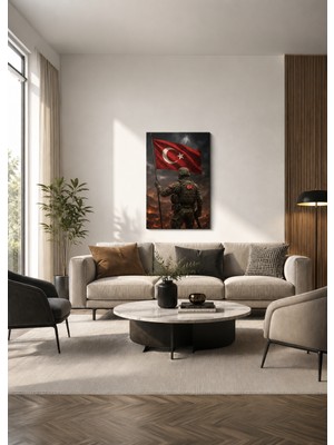 Zera Wall Mdf Tablo Türk Bayrağı Tutan Asker ve Fırtınalı Gökyüzü Temalı Vatansever Salon ve Ofis Duvar Dekorasyonu