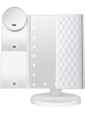 Mey İthalat Dencert Makyaj Aynası Işıklı Makyaj Aynası 1x 2x 3x 10X Büyütme, Işıklı Makyaj Aynası, Dokunmatik Kontrol, Üç Katlı Taşınabilir LED Makyaj Vanity, Iki Güç Kaynağı Modu, Beyaz