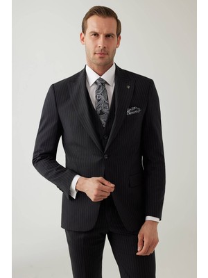 Ysf Erkek Siyah Slim Fit Sivri Yaka Yelekli %100 Yünlü Takım Elbise