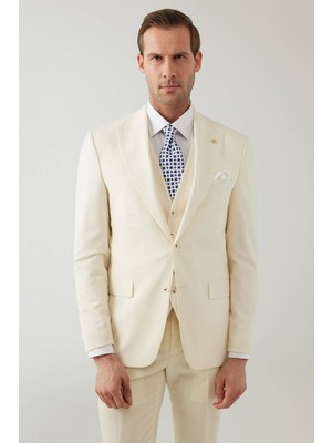 Ysf Erkek Krem Slim Fit %100 Yün Yelekli Sivri Yaka Takım Elbise