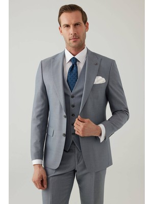 Ysf Erkek Gri Slim Fit Yelekli Sivri Yaka Yün Takım Elbise