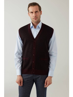 Ysf Erkek Koyu Bordo Regular Fit Desenli Yün Karışımlı Triko Yelek