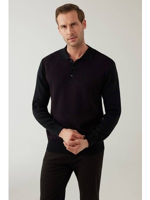 Ysf Erkek Siyah Bordo Regular Fit Yün Karışımlı Polo Yaka Triko