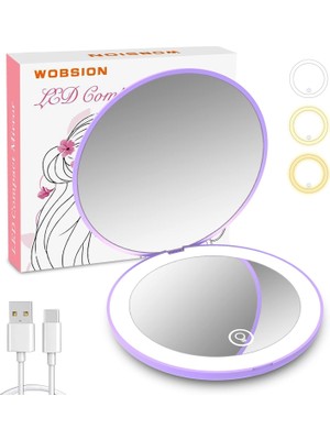 Mey İthalat Wobsion Şarj Edilebilir LED Seyahat Aynası, Işıkla 1X/10X Büyütme Kompakt Ayna, Kısılabilir LED Seyahat Makyaj Aynası, 3 Renkli Aydınlatma, Elde Taşınabilir 2 Taraflı Cep Aynası, Kız Hediyeleri, Mor