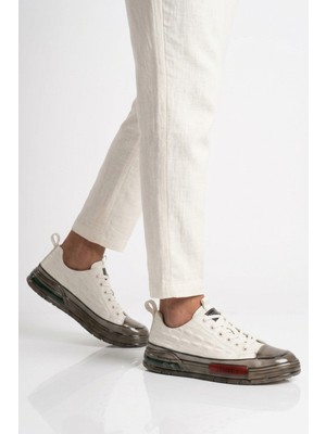 Voyager Beyaz Hakiki Deri Kroko Desenli Kalın Taban Erkek Casual Ayakkabı Sneaker E058 M