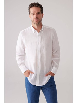Ysf Erkek Beyaz Slim Fit Yaka Düğmeli %100 Keten Gömlek