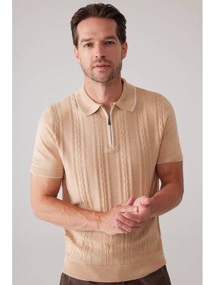 Ysf Erkek Bej Slim Fit Örgü Desen Fermuarlı Polo Yaka Tişört